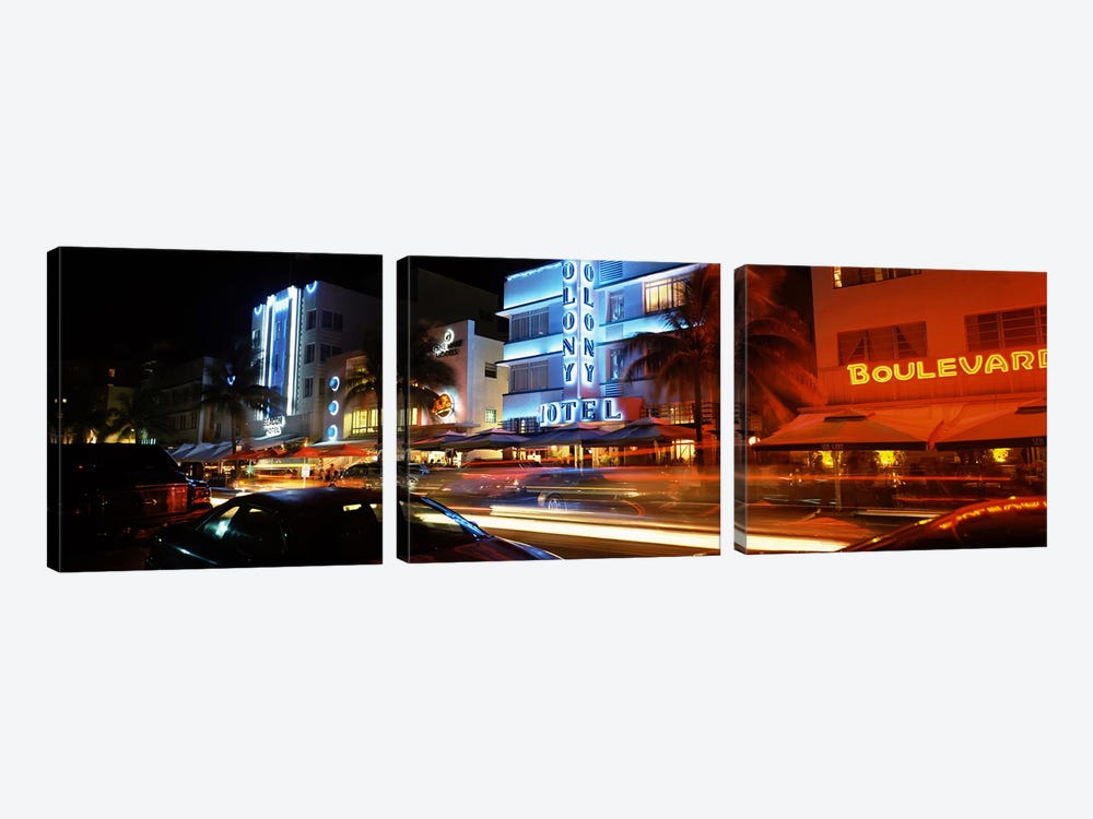 Buildings at the roadside, Ocean Drive, South Beach, Miami Beach, Florida, USA by Panoramic Images 3-piece Canvas Wall Art