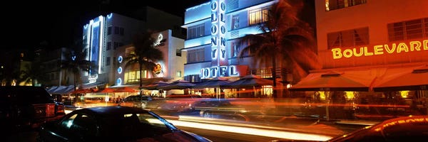 Miami Beach: Buildings at the roadside, Ocean Drive, South Beach, Miami Beach, Florida, USA by Panoramic Images