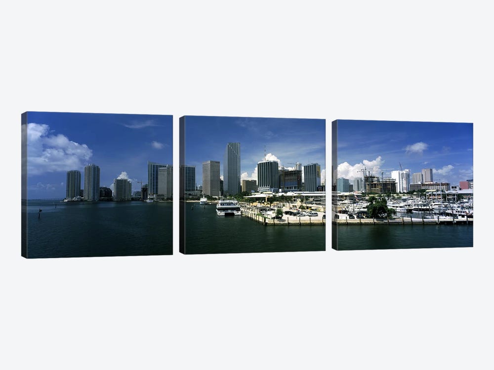 Skyscrapers at the waterfront viewed from Biscayne Bay, Ocean Drive, South Beach, Miami Beach, Florida, USA by Panoramic Images 3-piece Canvas Art Print