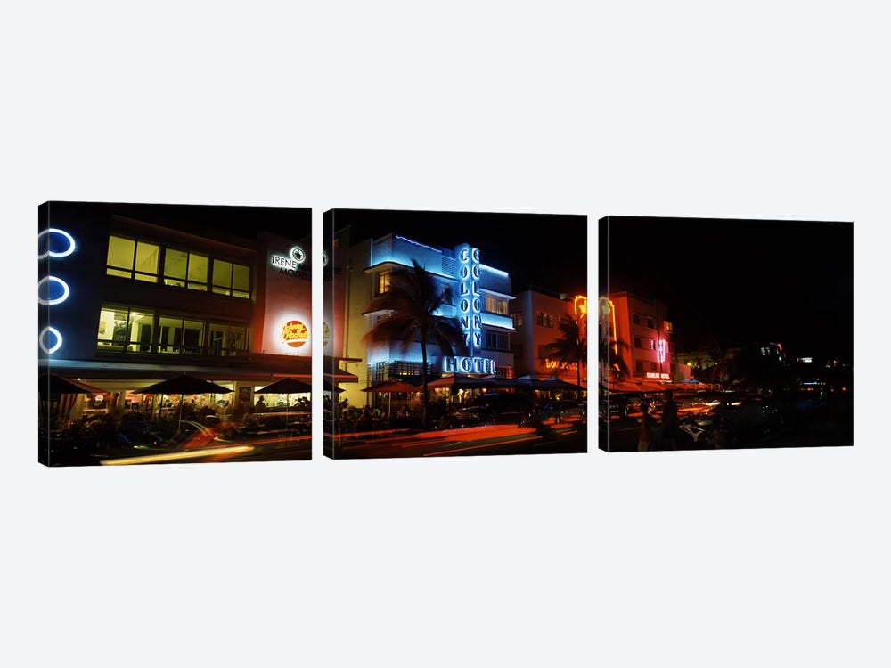 Buildings at the roadside, Ocean Drive, South Beach, Miami Beach, Florida, USA #2 by Panoramic Images 3-piece Canvas Art