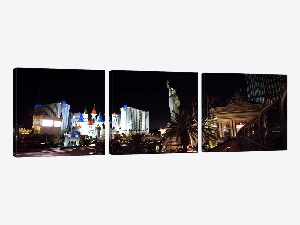 Statue in front of a hotelNew York New York Hotel, Excalibur Hotel & Casino, The Las Vegas Strip, Las Vegas, Nevada, USA by Panoramic Images 3-piece Canvas Print