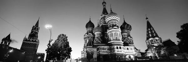 Moscow: Low angle view of a cathedral, St. Basil's Cathedral, Red Square, Moscow, Russia (black & white) by Panoramic Images