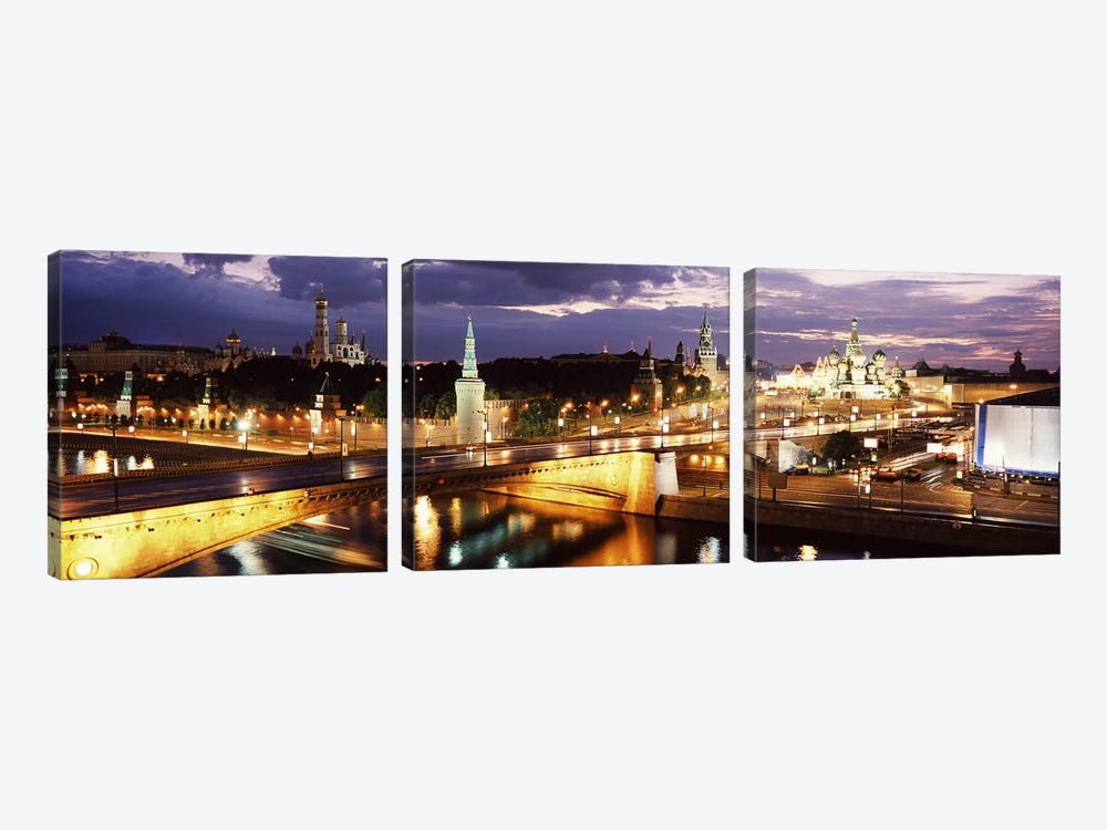 Nighttime View Of Red Square And Surrounding Architecture, Moscow, Russia by Panoramic Images 3-piece Canvas Art