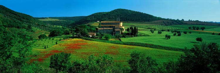 High angle view of a church on a field, Abbazia di Sant'Antimo, Montalcino, Tuscany, Italy