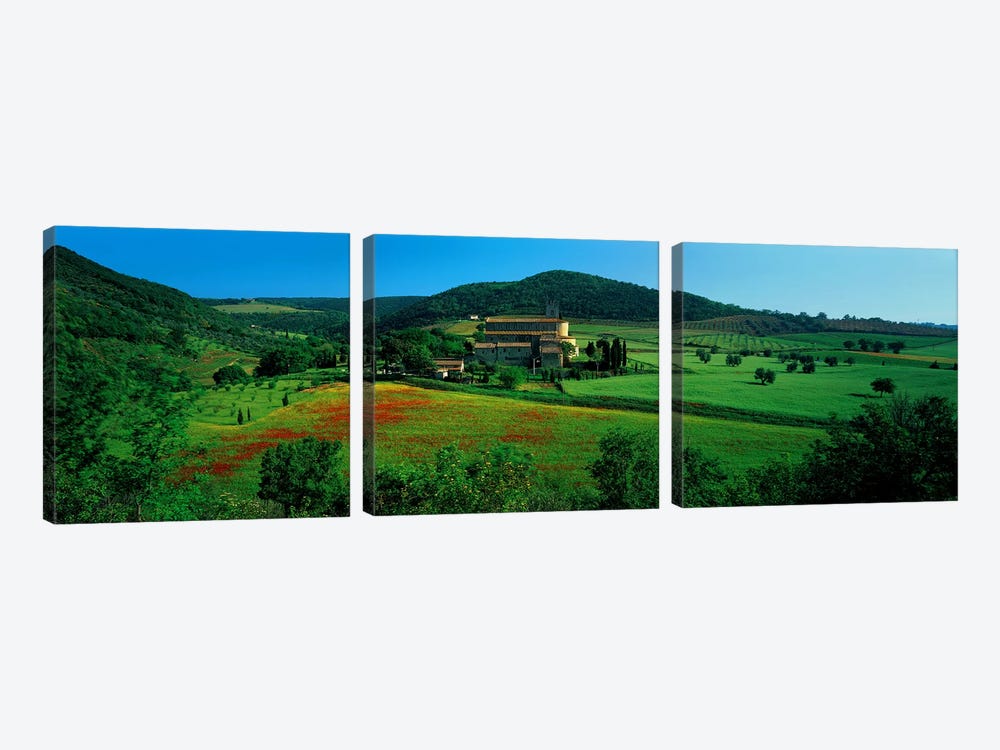 High angle view of a church on a field, Abbazia di Sant'Antimo, Montalcino, Tuscany, Italy by Panoramic Images 3-piece Art Print