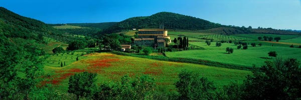 Tuscany: High angle view of a church on a field, Abbazia di Sant'Antimo, Montalcino, Tuscany, Italy by Panoramic Images