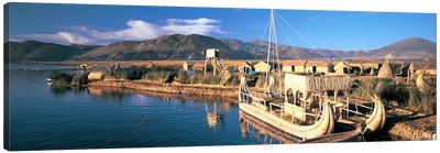 Reed Boats at the lakeside, Lake Titicaca, Floating Island, Peru Canvas Art Print - Village & Town Art