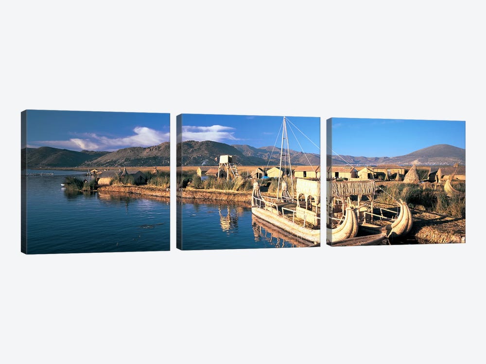 Reed Boats at the lakeside, Lake Titicaca, Floating Island, Peru by Panoramic Images 3-piece Canvas Artwork