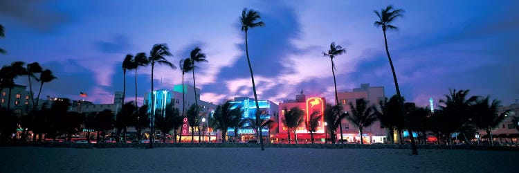 Buildings lit up at dusk, Miami, Florida, USA