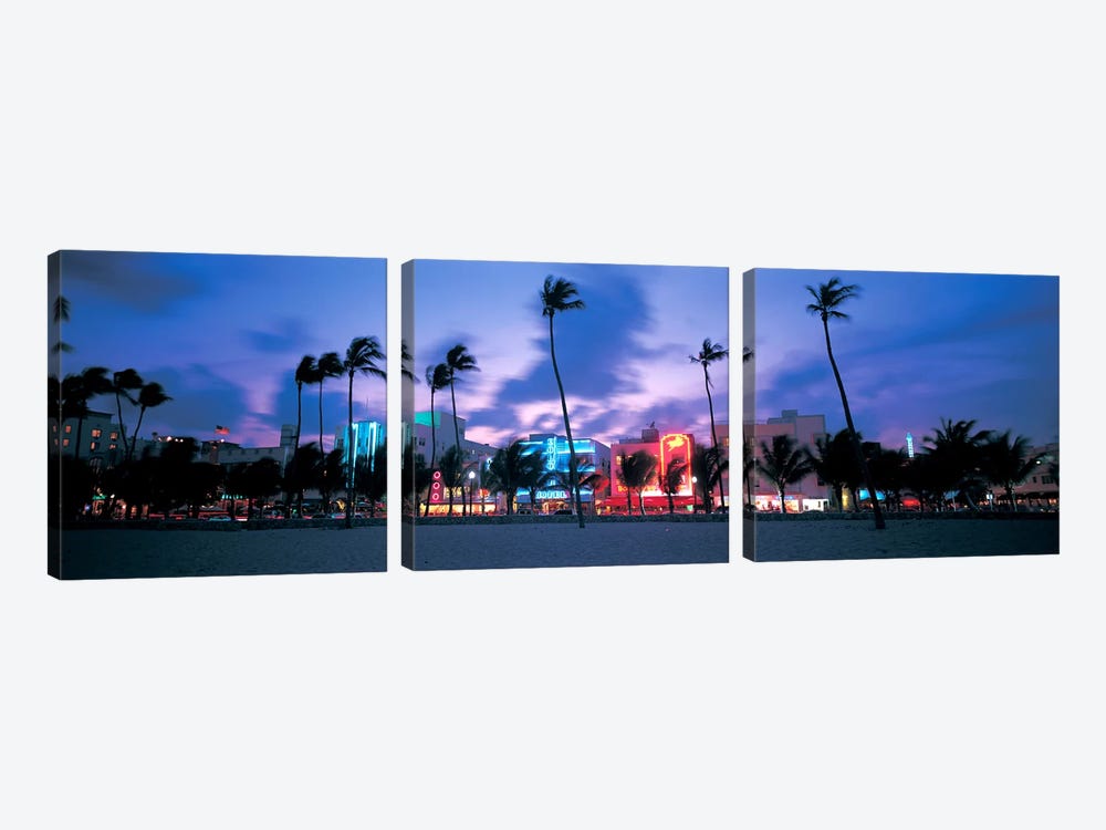 Buildings lit up at dusk, Miami, Florida, USA by Panoramic Images 3-piece Canvas Artwork