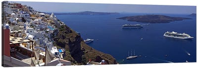 View Nea Kameni And Yachts In The Aegean Sea From Fira, Cyclades, Greece Canvas Art Print - Coastal Village & Town Art