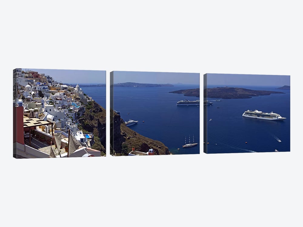 View Nea Kameni And Yachts In The Aegean Sea From Fira, Cyclades, Greece by Panoramic Images 3-piece Canvas Artwork