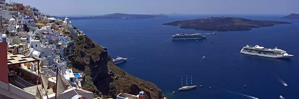 Yachts: View Nea Kameni And Yachts In The Aegean Sea From Fira, Cyclades, Greece by Panoramic Images