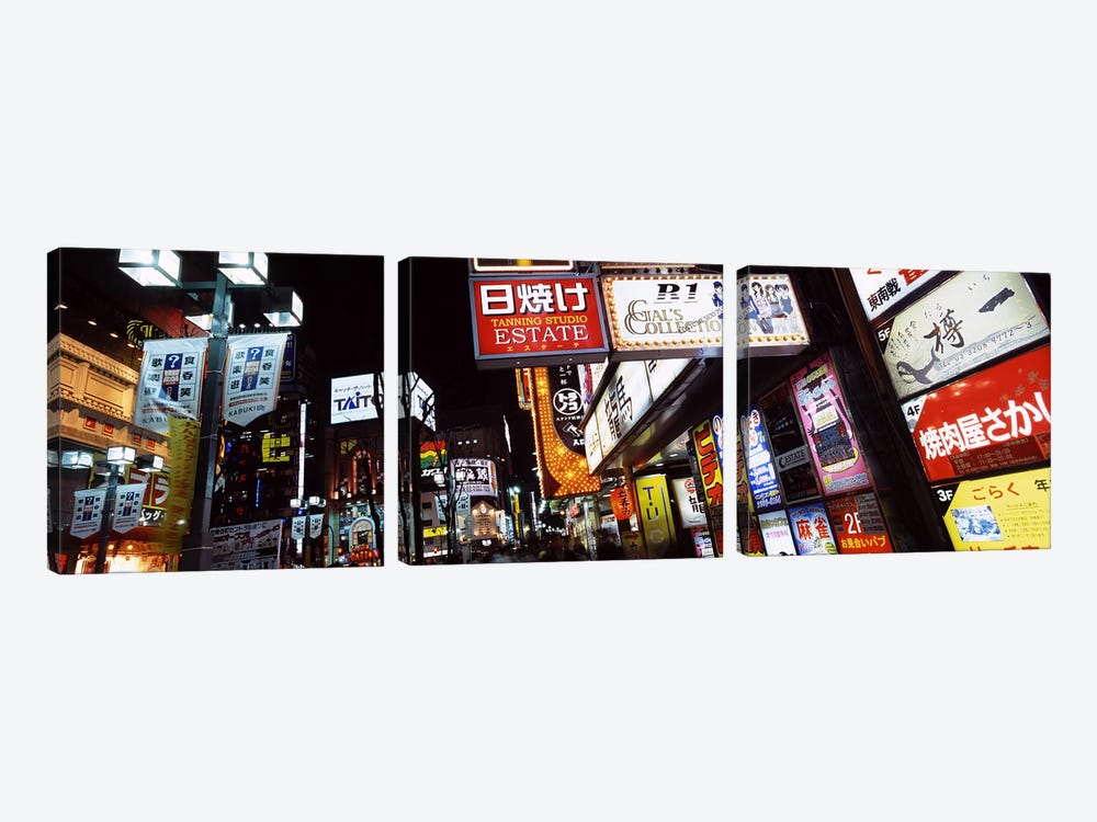 Illuminated Commercial Signboards, Shinjuku Ward, Tokyo, Kanto Region, Honshu, Japan by Panoramic Images 3-piece Canvas Print