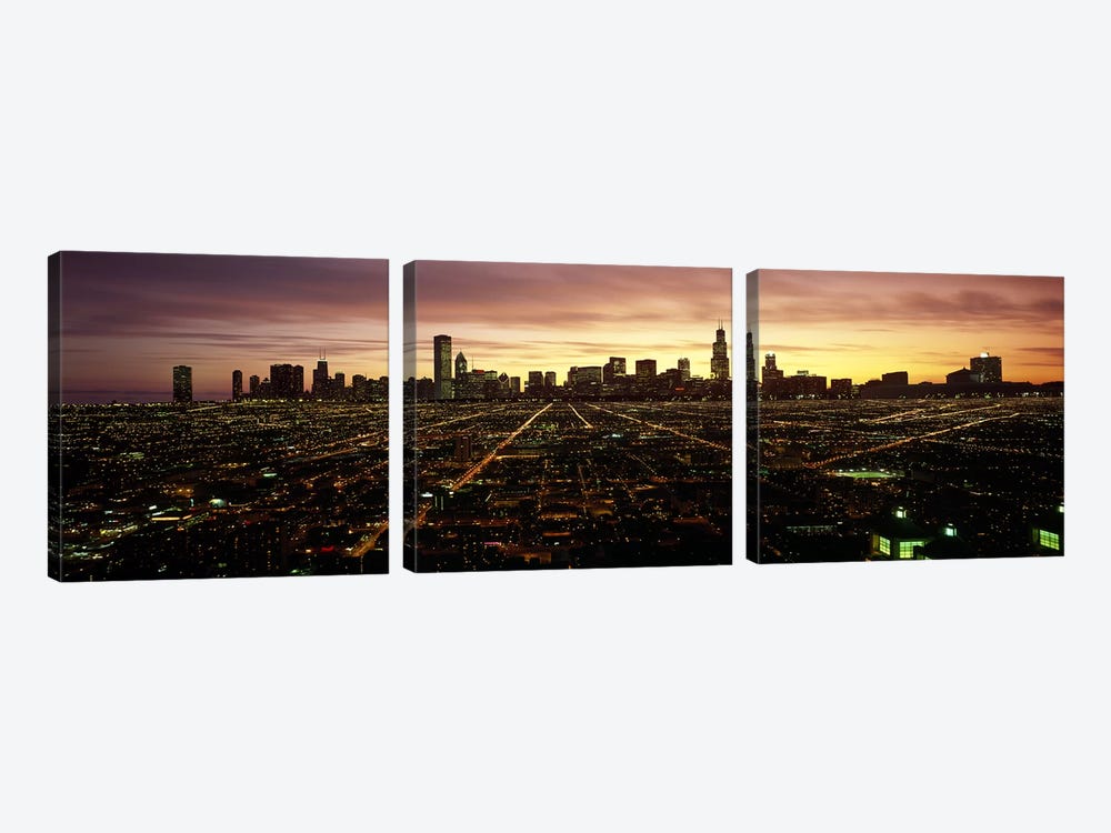 CGI composite, High angle view of a city at night, Chicago, Cook County, Illinois, USA by Panoramic Images 3-piece Canvas Art