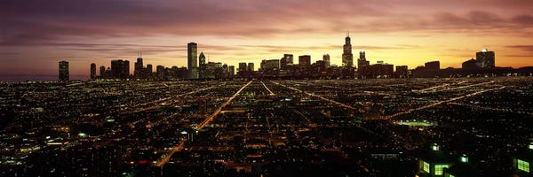Illinois: CGI composite, High angle view of a city at night, Chicago, Cook County, Illinois, USA by Panoramic Images