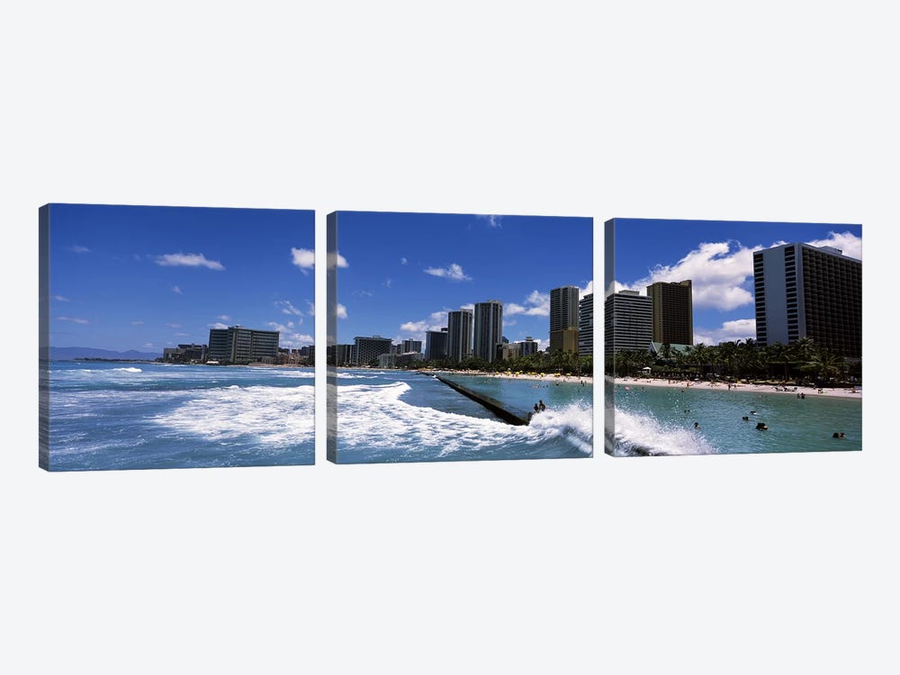 Buildings at the waterfront, Waikiki Beach, Honolulu, Oahu, Hawaii, USA by Panoramic Images 3-piece Canvas Art Print