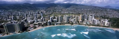 Aerial view of a city, Waikiki Beach, Honolulu, Oahu, Hawaii, USA by Panoramic Images framed canvas print