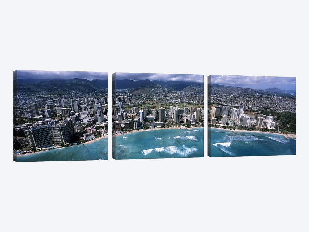 Aerial view of a city, Waikiki Beach, Honolulu, Oahu, Hawaii, USA by Panoramic Images 3-piece Canvas Artwork