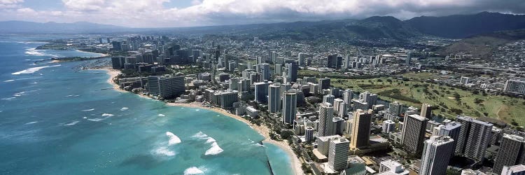 Aerial view of buildings at the waterfront, Waikiki Beach, Honolulu, Oahu, Hawaii, USA