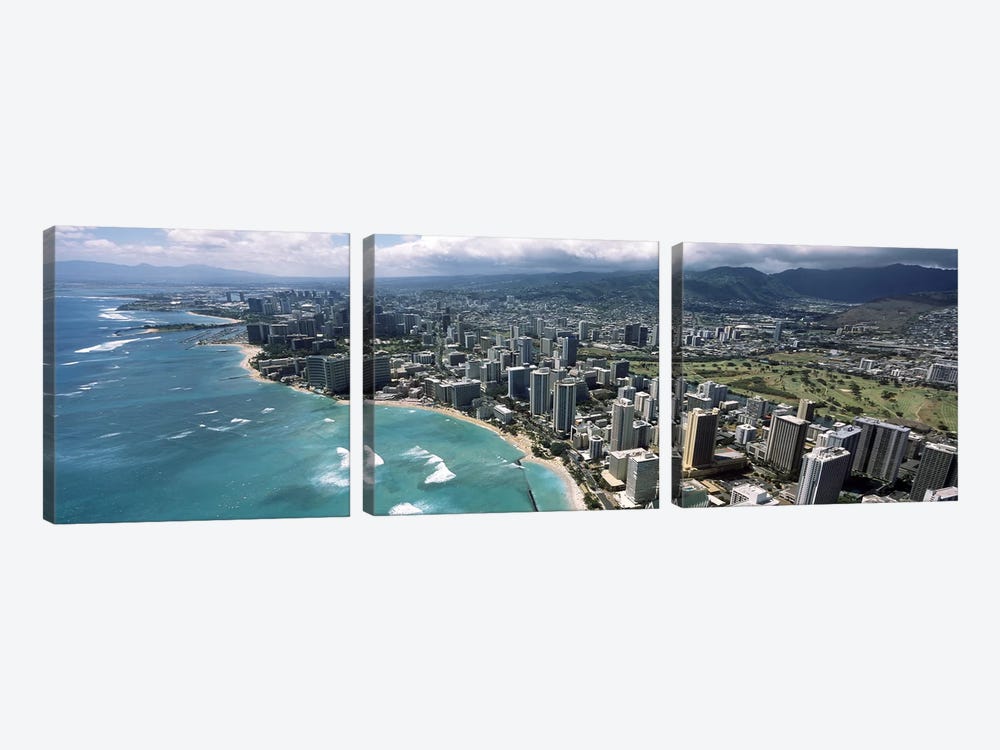 Aerial view of buildings at the waterfront, Waikiki Beach, Honolulu, Oahu, Hawaii, USA by Panoramic Images 3-piece Art Print