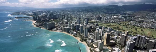 Hawaii: Aerial view of buildings at the waterfront, Waikiki Beach, Honolulu, Oahu, Hawaii, USA by Panoramic Images