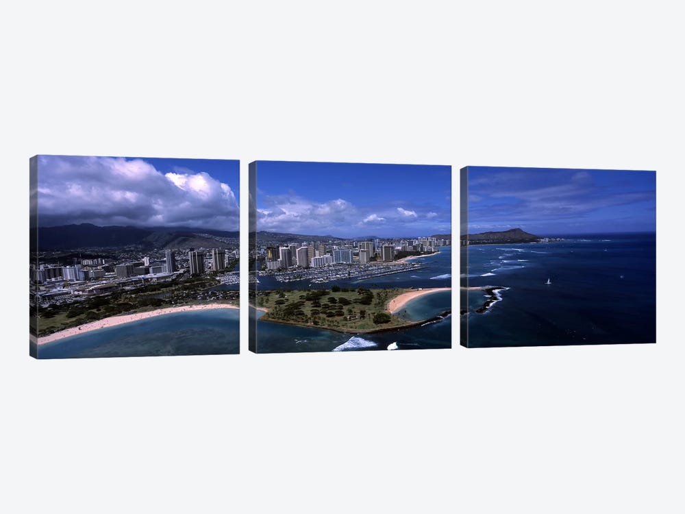 Aerial view of buildings at the waterfront, Ala Moana Beach Park, Waikiki Beach, Honolulu, Oahu, Hawaii, USA by Panoramic Images 3-piece Canvas Print