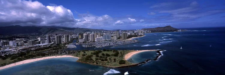 Aerial view of buildings at the waterfront, Ala Moana Beach Park, Waikiki Beach, Honolulu, Oahu, Hawaii, USA