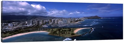 Aerial view of buildings at the waterfront, Ala Moana Beach Park, Waikiki Beach, Honolulu, Oahu, Hawaii, USA Canvas Art Print - Honolulu