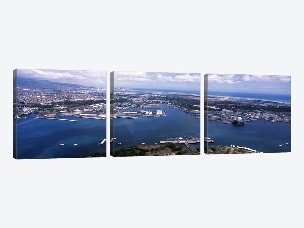 Aerial view of a harbor, Pearl Harbor, Honolulu, Oahu, Hawaii, USA by Panoramic Images 3-piece Canvas Art