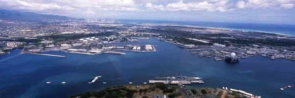 Missouri: Aerial view of a harbor, Pearl Harbor, Honolulu, Oahu, Hawaii, USA by Panoramic Images