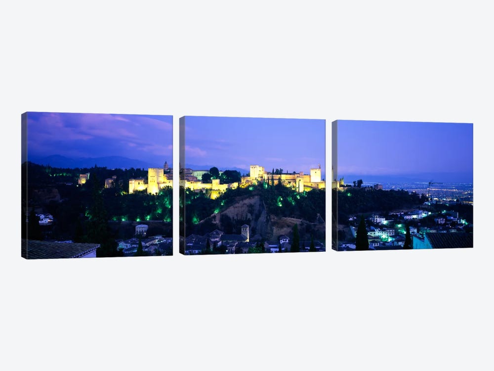 An Illuminated Alhambra At Night, Granada, Andalusia, Spain by Panoramic Images 3-piece Canvas Art