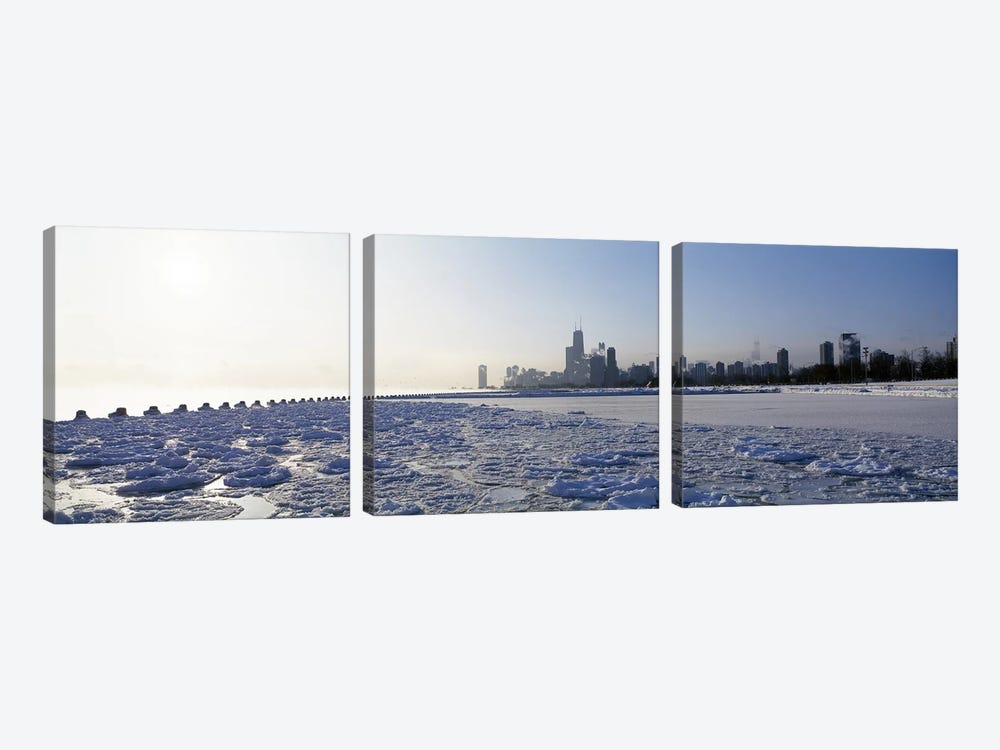 Frozen lake with a city in the backgroundLake Michigan, Chicago, Illinois, USA by Panoramic Images 3-piece Canvas Art