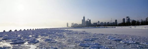 Frozen Lake With A City In The Background I,Lake Michigan, Chicago, Illinois, USA