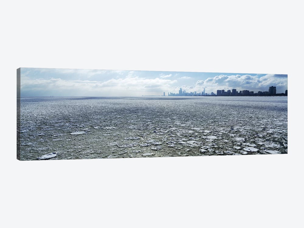 Frozen lake with a city in the backgroundLake Michigan, Chicago, Illinois, USA by Panoramic Images 1-piece Canvas Print