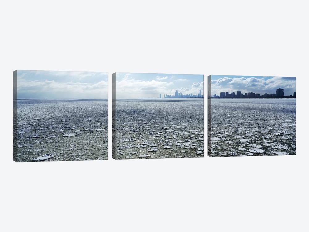 Frozen lake with a city in the backgroundLake Michigan, Chicago, Illinois, USA by Panoramic Images 3-piece Canvas Art Print