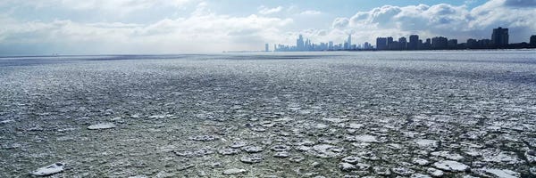 Frozen Lake With A City In The Background II,Lake Michigan, Chicago, Illinois, USA