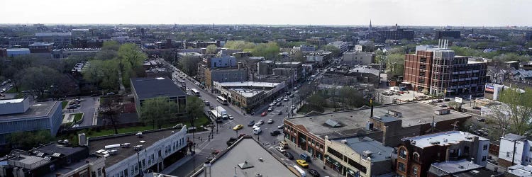 Aerial view of crossroad of six cornersFullerton Avenue, Lincoln Avenue, Halsted Avenue, Chicago, Illinois, USA