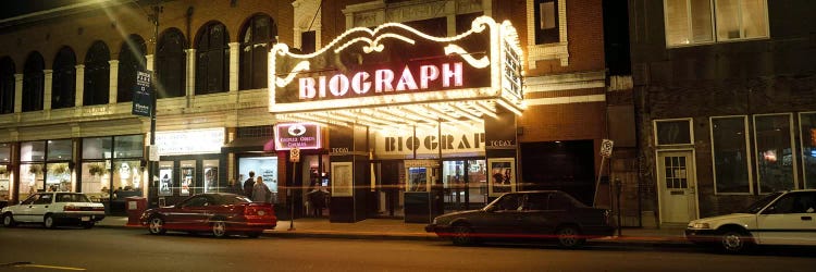 Theater lit up at nightBiograph Theater, Lincoln Avenue, Chicago, Illinois, USA