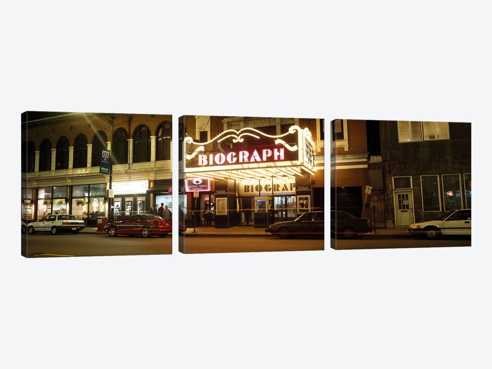Theater lit up at nightBiograph Theater, Lincoln Avenue, Chicago, Illinois, USA by Panoramic Images 3-piece Canvas Art Print