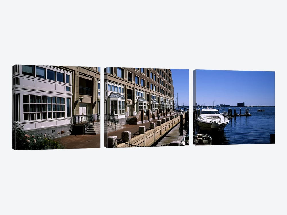 Boats at a harborRowe's Wharf, Boston Harbor, Boston, Suffolk County, Massachusetts, USA by Panoramic Images 3-piece Canvas Print