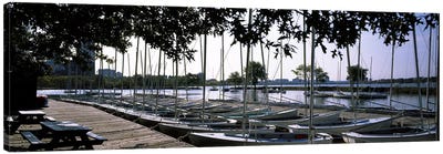 Boats moored at a dock, Charles River, Boston, Suffolk County, Massachusetts, USA Canvas Art Print - Harbor & Port Art