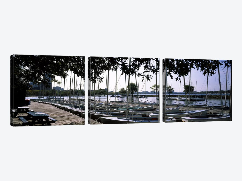 Boats moored at a dock, Charles River, Boston, Suffolk County, Massachusetts, USA by Panoramic Images 3-piece Art Print