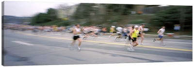 Marathon runners on a road, Boston Marathon, Washington Street, Wellesley, Norfolk County, Massachusetts, USA Canvas Art Print - Massachusetts Art