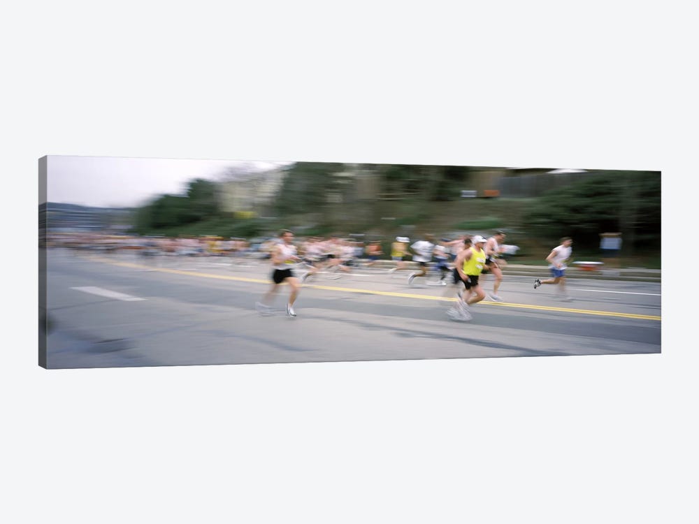 Marathon runners on a road, Boston Marathon, Washington Street, Wellesley, Norfolk County, Massachusetts, USA by Panoramic Images 1-piece Art Print