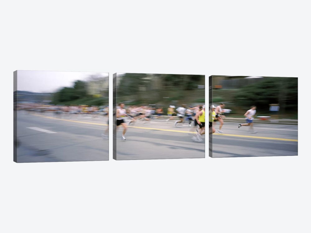 Marathon runners on a road, Boston Marathon, Washington Street, Wellesley, Norfolk County, Massachusetts, USA by Panoramic Images 3-piece Art Print
