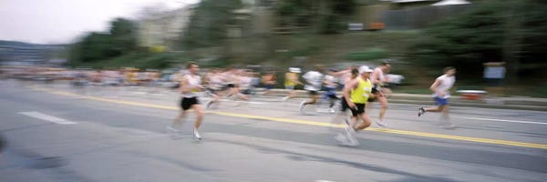 Massachusetts: Marathon runners on a road, Boston Marathon, Washington Street, Wellesley, Norfolk County, Massachusetts, USA by Panoramic Images