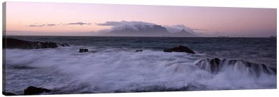 Waves Crashing Over Rocky Outcrops With Table Mountain In The Background, Cape Town, Western Cape, South Africa Canvas Art Print - Panoramic Photography