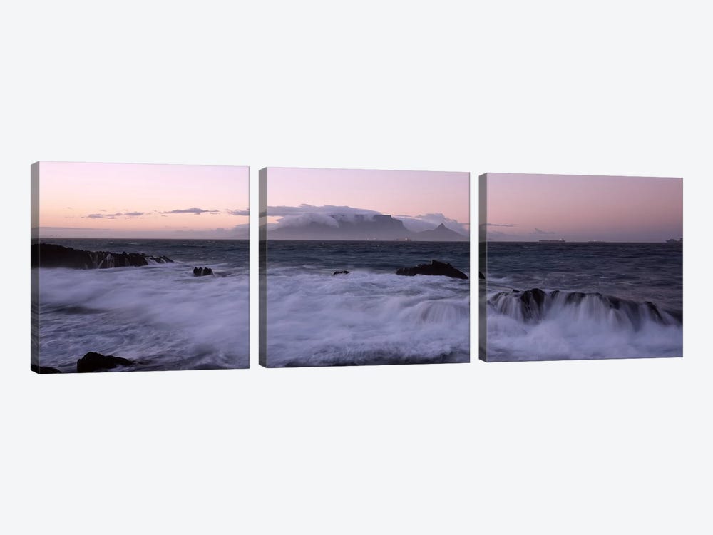 Waves Crashing Over Rocky Outcrops With Table Mountain In The Background, Cape Town, Western Cape, South Africa by Panoramic Images 3-piece Canvas Art Print