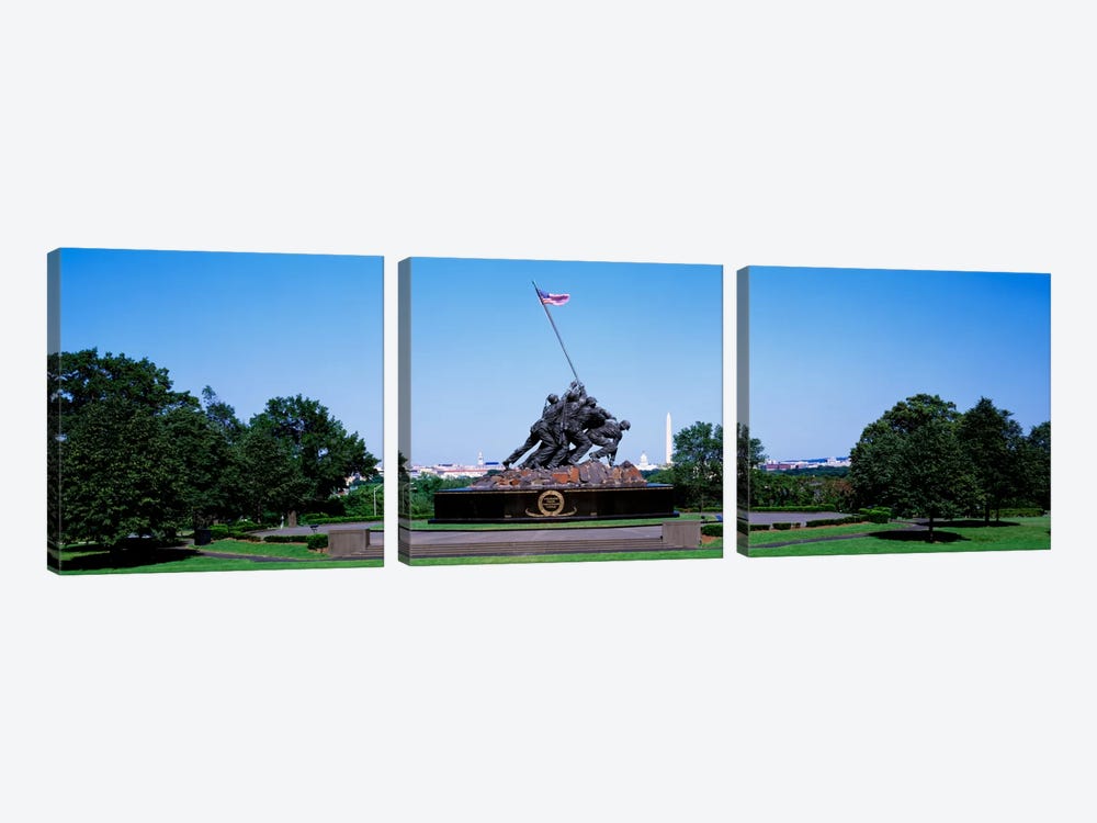 War memorial with Washington Monument in the backgroundIwo Jima Memorial, Arlington, Virginia, USA by Panoramic Images 3-piece Canvas Art Print